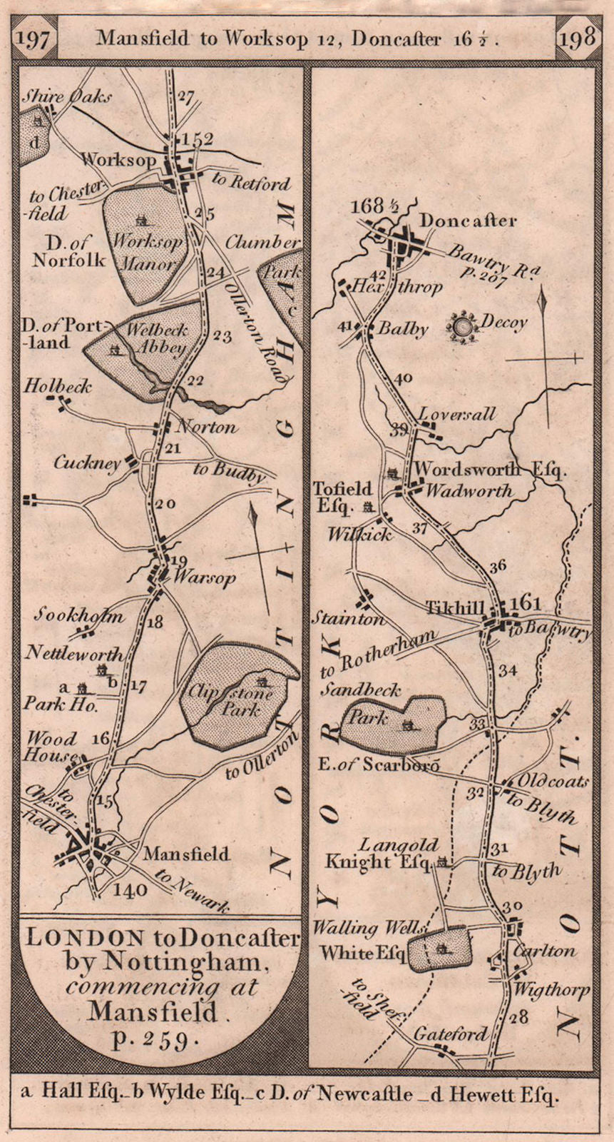 Mansfield-Warsop-Worksop-Tickhill-Doncaster road strip map PATERSON 1803